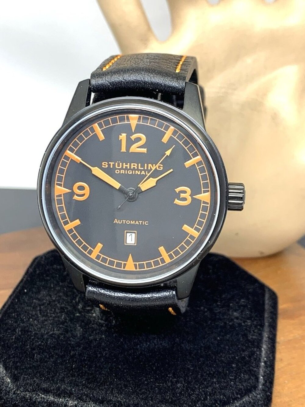 Stuhrling Men's Watch ST-900016 Automatic Black Orange Dial Leather Band 44mm